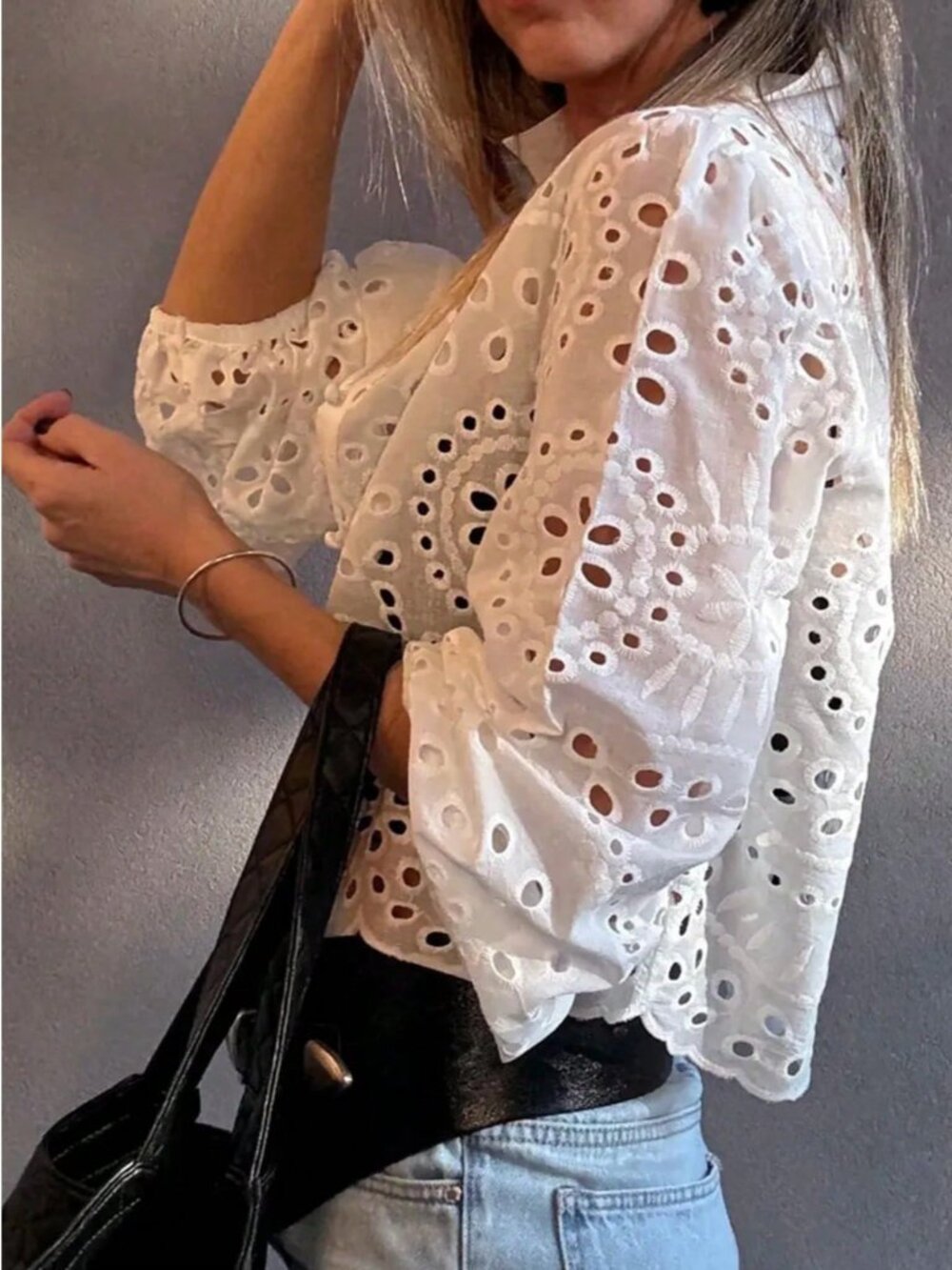 White Boho Women's Single-Breasted Embroidered Hollow Casual Vacation Shirt - Picture 8 of 8